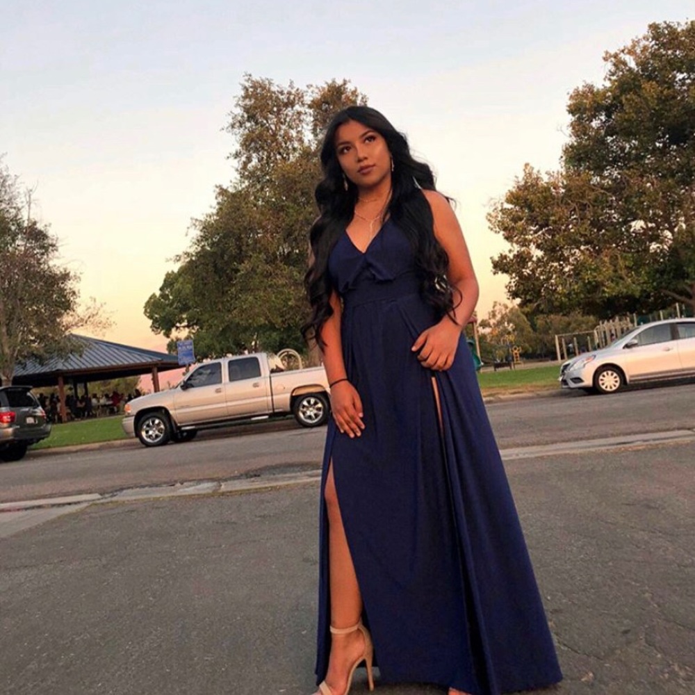 Beautiful navy double slit, low back cut dress